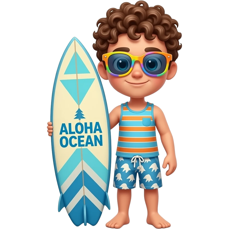 A chibi 3D illustration features a young man with curly brown hair, wearing colorful sunglasses, a blue and orange striped tank top, and patterned blue shorts. He is standing and holding a surfboard with a vibrant geometric design and the text "ALOHA OCEAN" on it. emoji