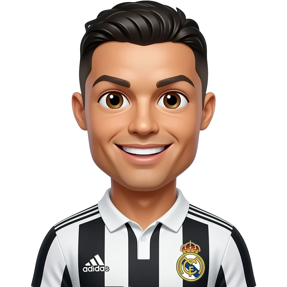 Cartoon Ronaldo, dark hair, brown eyes, Real Madrid white and black striped jersey, Adidas logo, big head chibi style, friendly smile, front facing, white background emoji