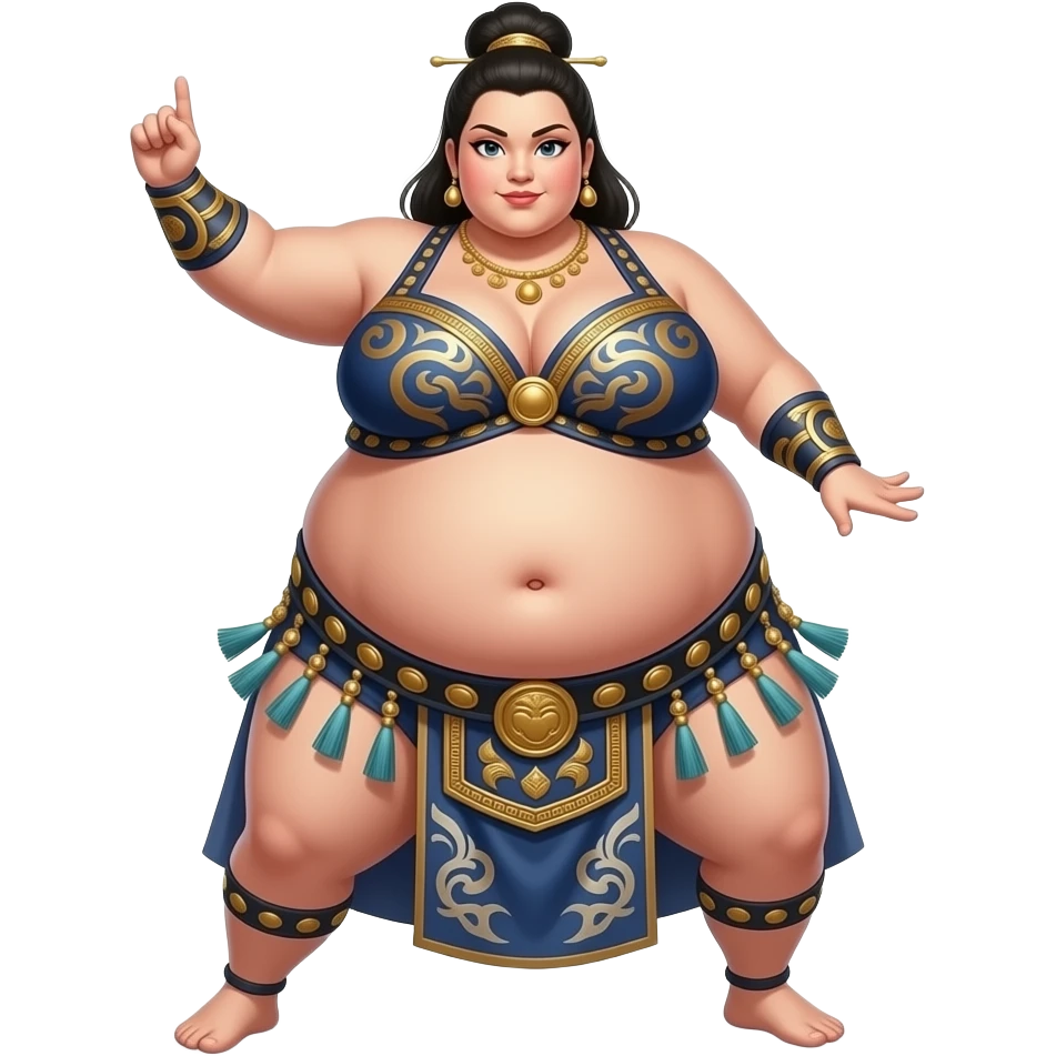 A female sumo warrior belly dancer,with a morbid obese midsection,her bellybutton peeps,her massive belly is bulging from being stuffed to the max after a luncheon buffet,She dances then her bouncy big tummy steals the spotlight. emoji