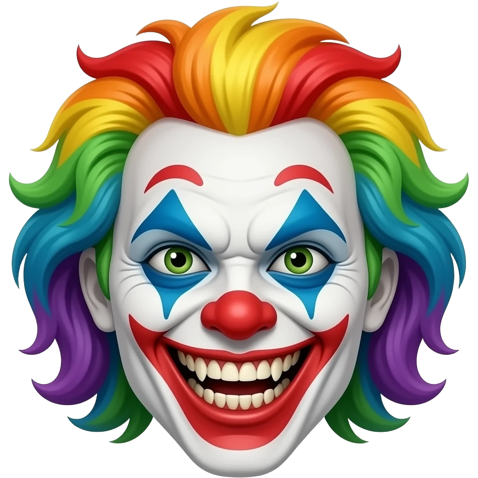 An evil clown with rainbow hair, head only, wicked grin, hyper real, crazy makeup, scary, hyper real, ultra real emoji