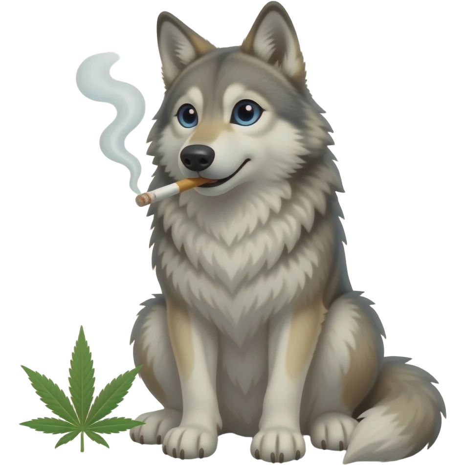 Create a wolf sitting down smoking weed emoji