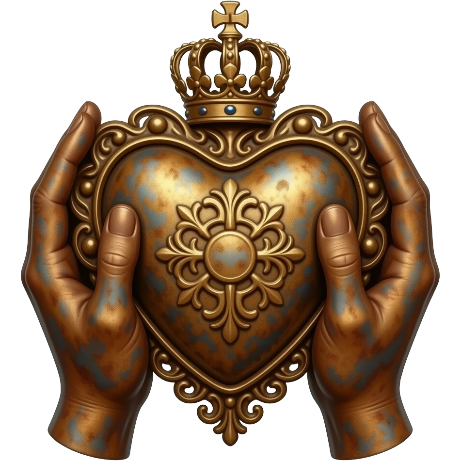 Two elegant, rusty women's hands hold a bronze, excessively ornate ...
