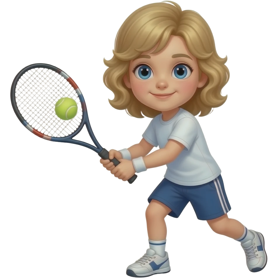 white kid blue eyes mid length with bangs soft curly hair to shoulders in color: middle to little darker blond,play tennis emoji