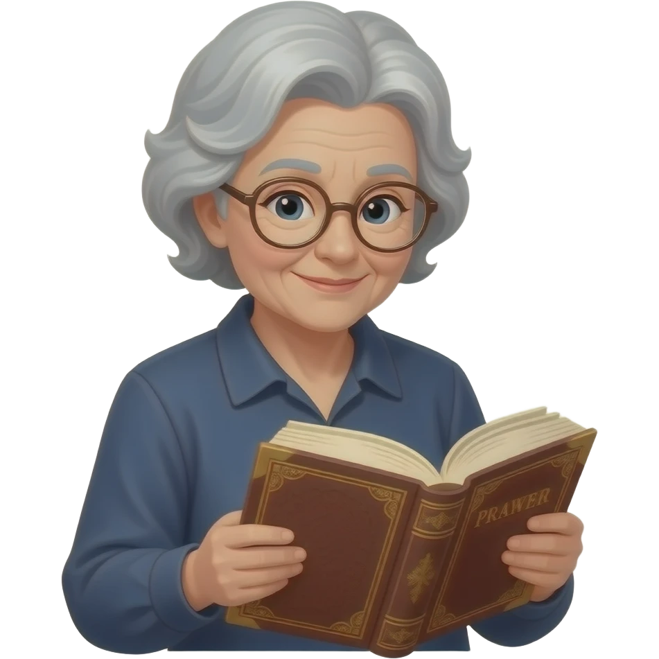 A plump elderly woman is flipping through a prayer book emoji
