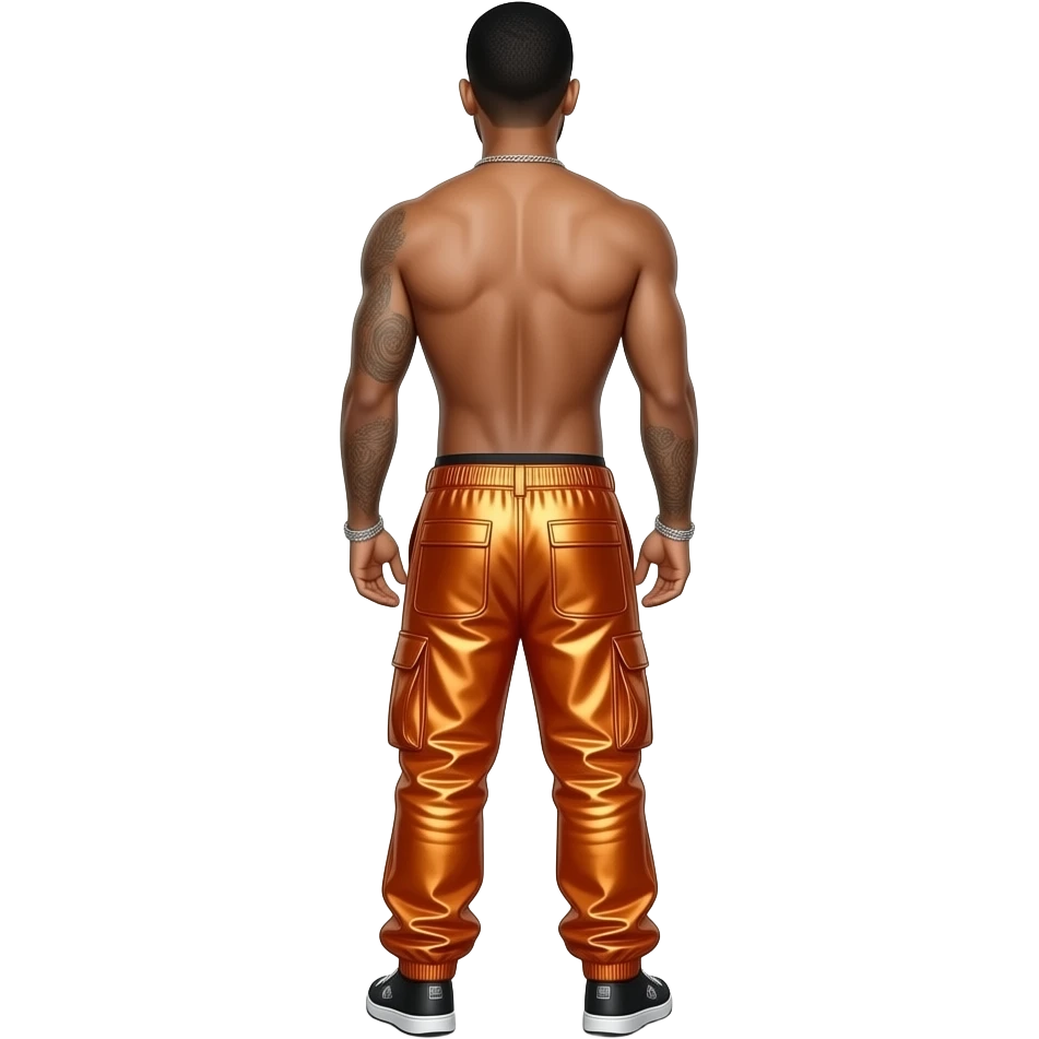 Trey Songz from behind with orange metallic baggy pants, shirtless emoji