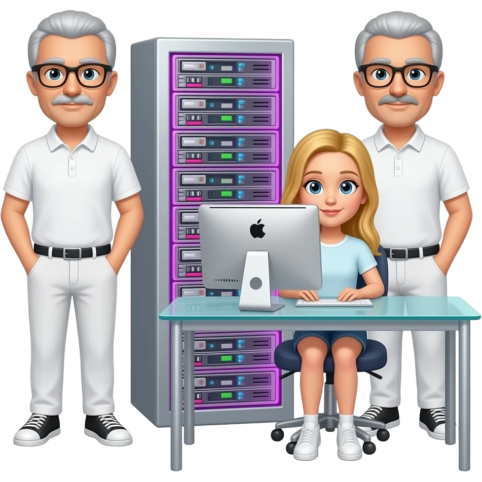 background is a silver server cabinet with purple lighting, in the foreground is a glass table and an imac computer, two men are standing, gray hair, black glasses, black hair, silver glasses, dressed in white pants and a polo shirt, a blonde girl is sitting at the table, emoji