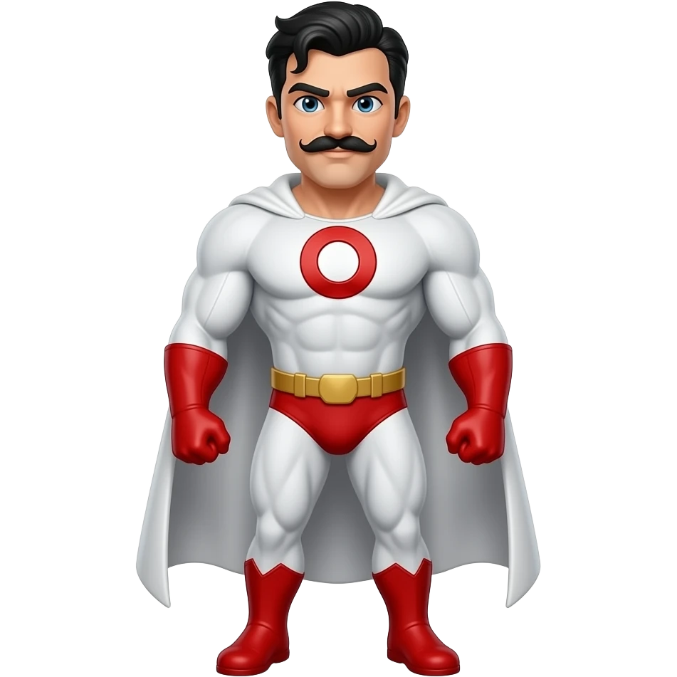 Omni-Man bust from Invincible. Focus on a strong, muscular figure with a prominent mustache and short black hair. He should be wearing a white suit with red accents—red gloves, boots, and a red cape—along with a bold 'O' symbol on his chest. emoji