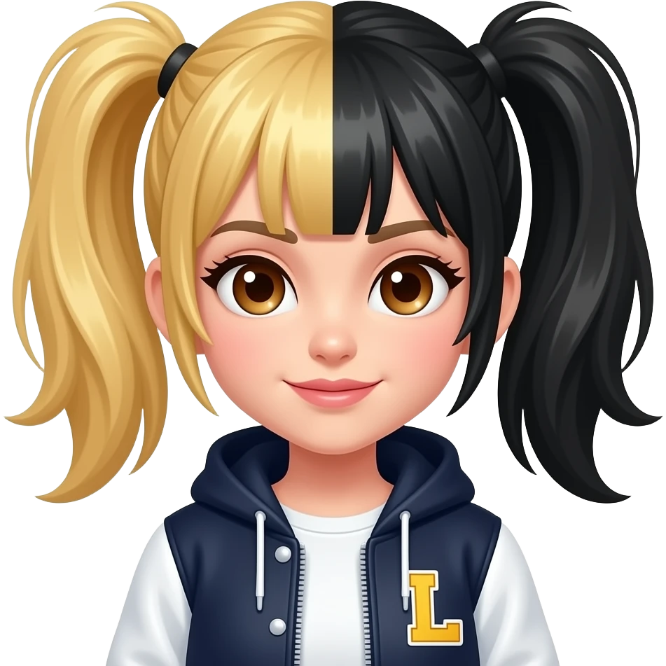 Punk girl with half blonde half black hair in pigtails with a letter L patch on jacket and brown eyes emoji