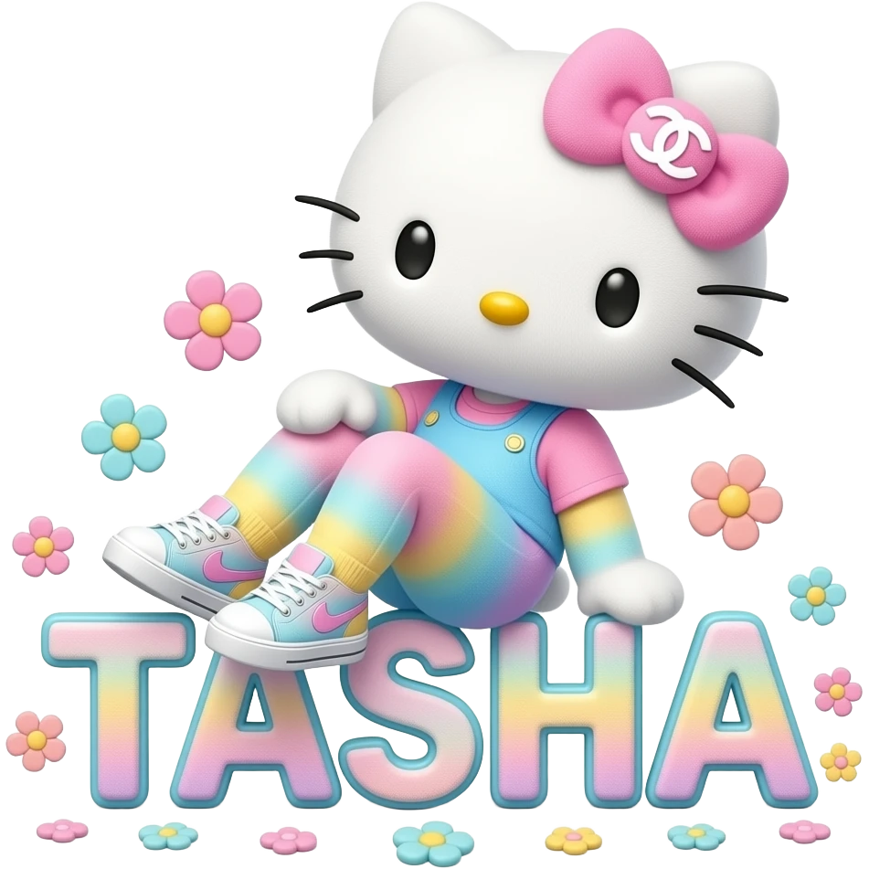 4D Velvety fur hello kitty wearing ombre white and blue and pink yellow ombre pastel colored leggings and sneakers, and with the Chanel symbol on her ombre pastel bow sitting sideways leaning back on top of the velvety 3D outlined letters TASHA surrounded with tiny ombre pastel flowers made of candy emoji