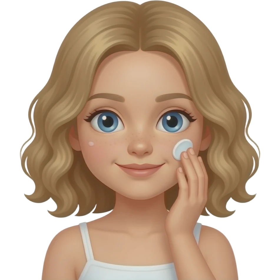 white kid blue eyes mid length with bangs soft curly hair to shoulders in color: middle to little darker blond, puts on lotion in her face after shower emoji