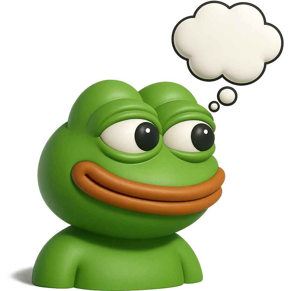 make a pepe in bright green smiling with thought bubble looking at right side in 3d style, good highlights and shadows, drop shadows  emoji