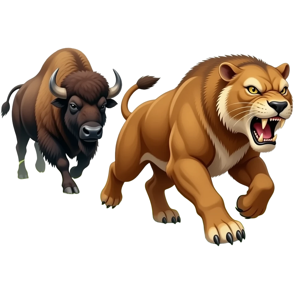 Angry smilodon running in the bushes from defensive bison herd chasing it emoji