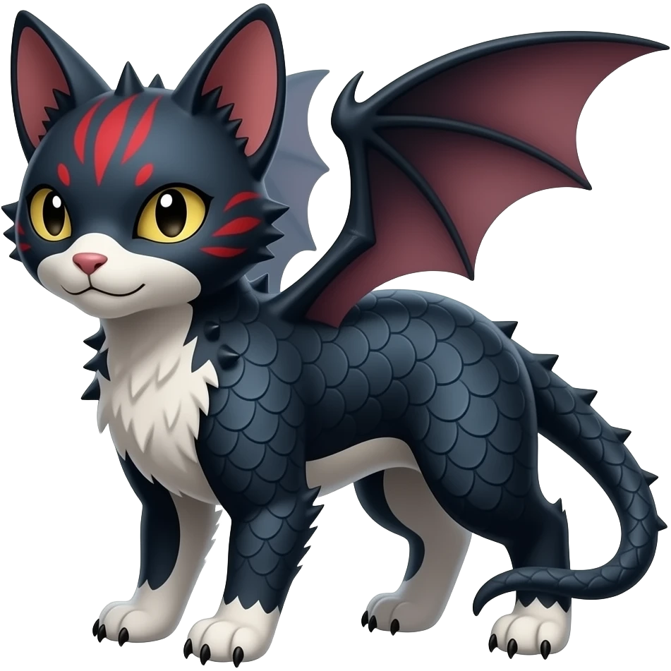 Realistic oriental Digitigrade quadrupedal gothic cool edgy cute midnight scaly blue-gray-black, with red markings, white belly, scaley Bastet-Salandit-Absol-Litten-Digimon-Fakémon-Pokémon-creature (full body), tiny spikes on back, with bat-EAR-wings on head as ears emoji