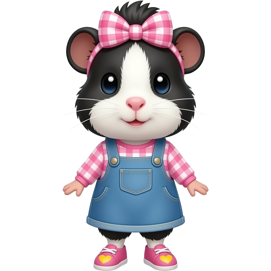 black and white guinea pig with pink long sleeve gingham shirt, jean dress, pink shoes with yellow hearts and a pink gingham bow in hair emoji