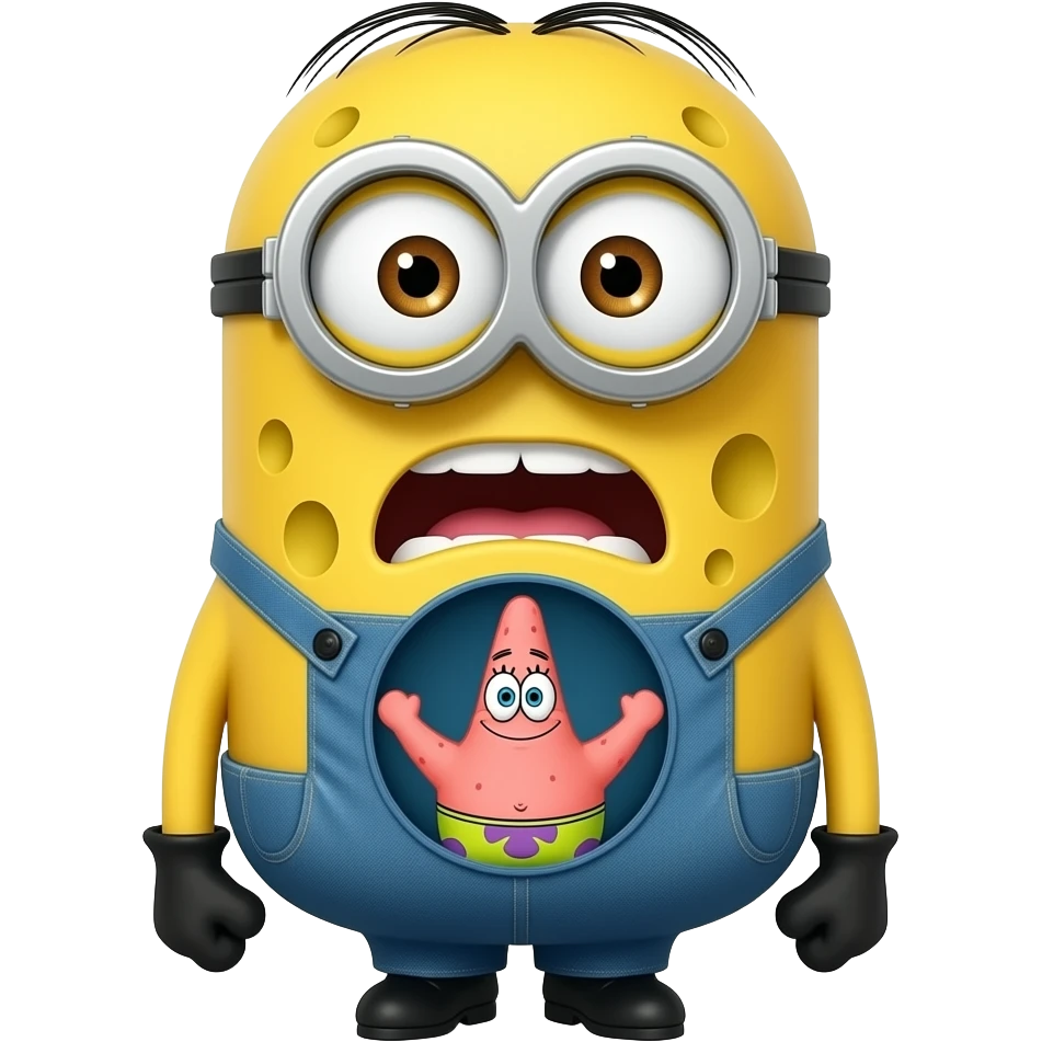 un minion con cara de bob esponja i con calamardo y patricio en su barriga y que la cara del bob esponja de miedo emoji