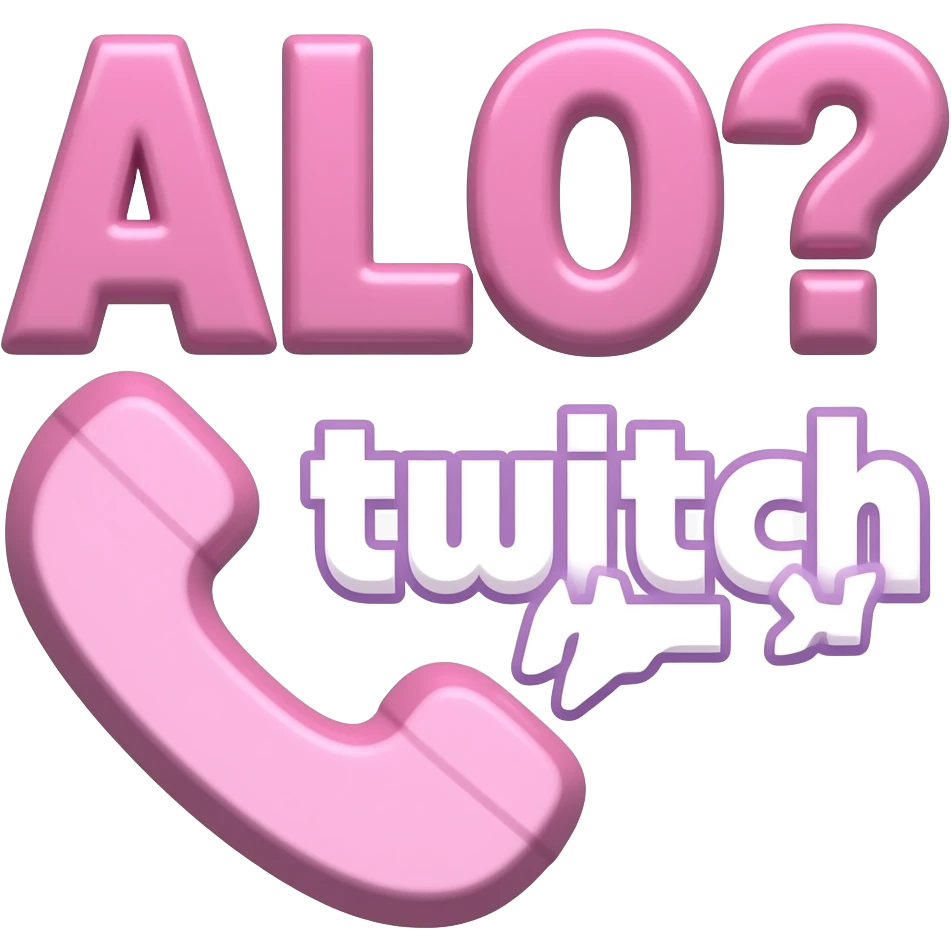 Twitch emote with BULGARIAN text “АЛО?”, use Cyrillic letters, NOT English letters, glossy pink 3D text, cute phone icon, thick outline, transparent background emoji