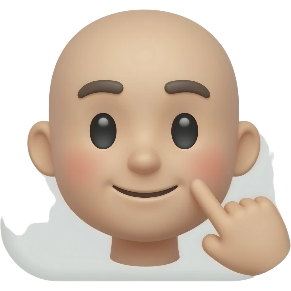iOS-style 3D emoji face, cute , tiny smile, blush cheek, one index finger touching the cheek, cheek-poke pose, gray motion lines, glossy rounded shading, light background, adorable and polished icon style. emoji