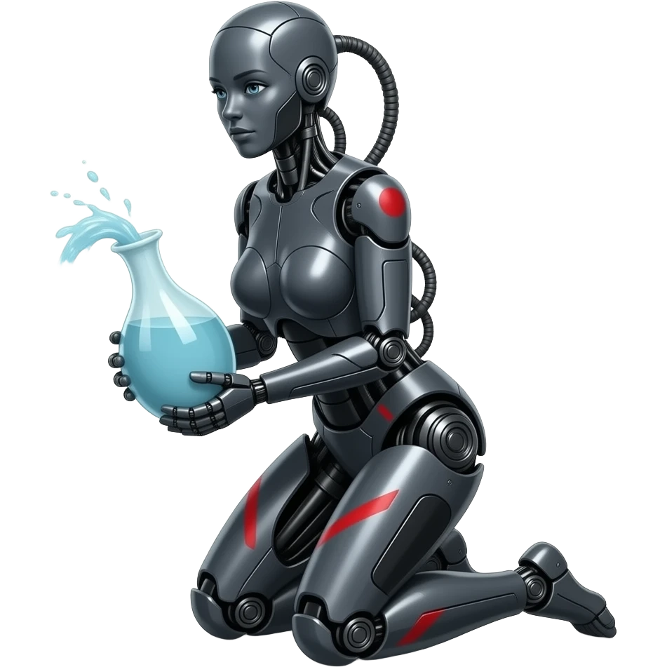 A mechanical woman made of dark gray steel with black and red markings, kneeling, carrying a vase of water with water spilling out, no human features, only robot features, entire body, full body, emoji