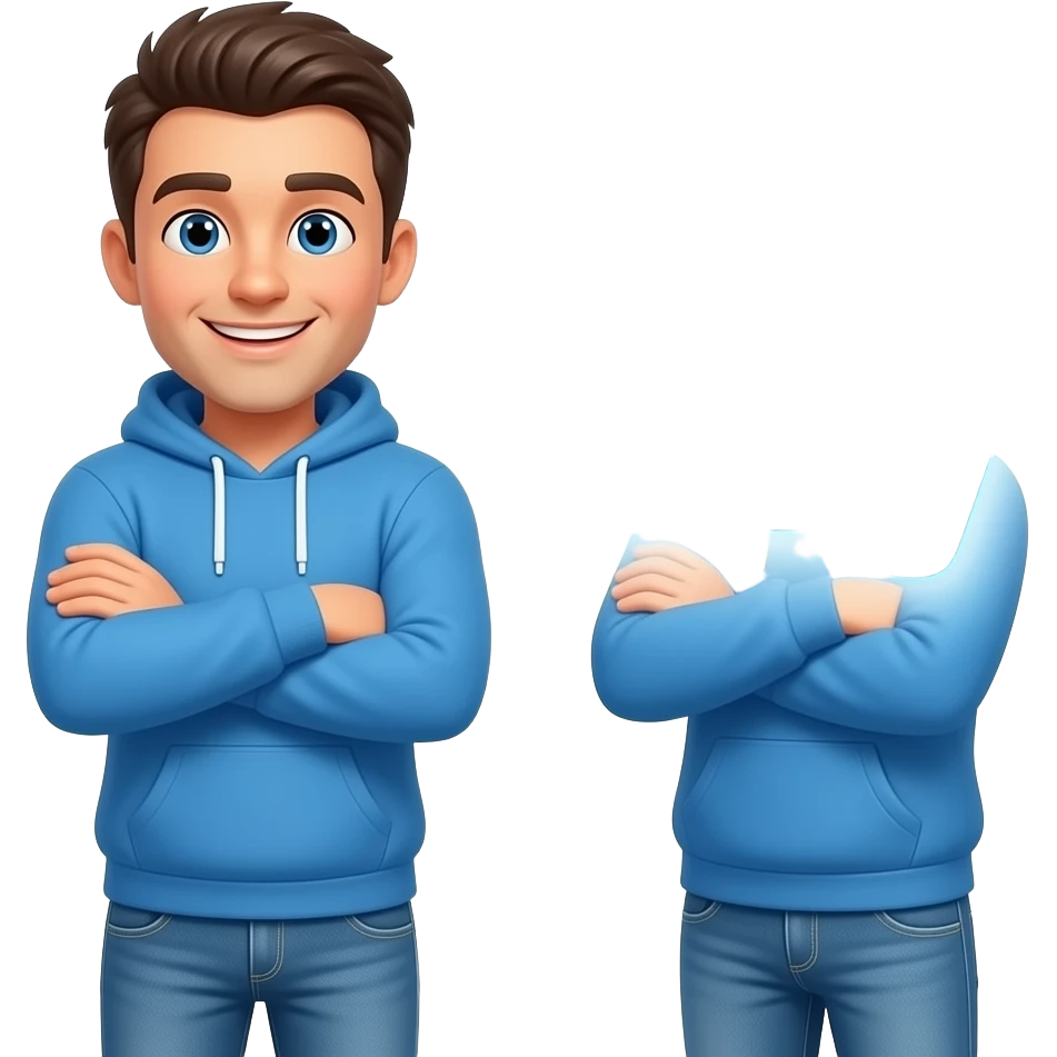 A 3D emoji-style illustration of a friendly man in casual clothes (blue hoodie and jeans), arms crossed, smiling. Magical aura. Text: 'Answer to them, Baly'. Baly in sky blue. Clean white background, sticker style. emoji