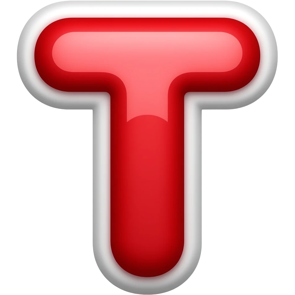 A bold uppercase letter T, glossy bright red with white border, subtle 3D effect, soft shadow, clean vector style, high resolution, isolated on transparent background, no background, no text except the letter M. emoji