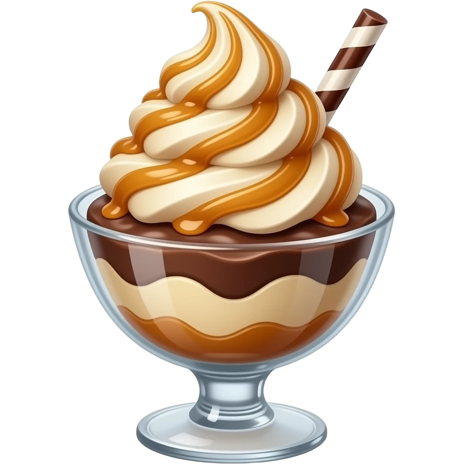 realistic, highly detailed, Chocolate Caramel sundae, no fruit in a sundae dish emoji