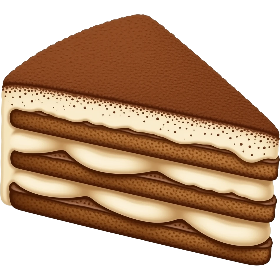 A triangular piece of tiramisu with 6 alternating layers of coffee-soaked breading and creamy filling, topped with cocoa powder dusting, soft 3D lighting, isometric vector art, simple composition, studio lighting, no text, no plate, no utensils, no shadows on edges emoji
