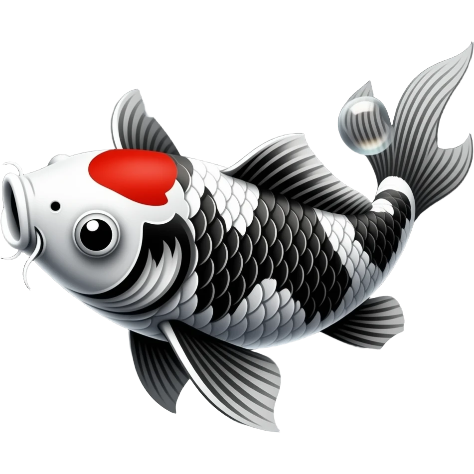 a black and white traditional legendary elite japanese koi fish, dark mode,bubbling, white color emoji