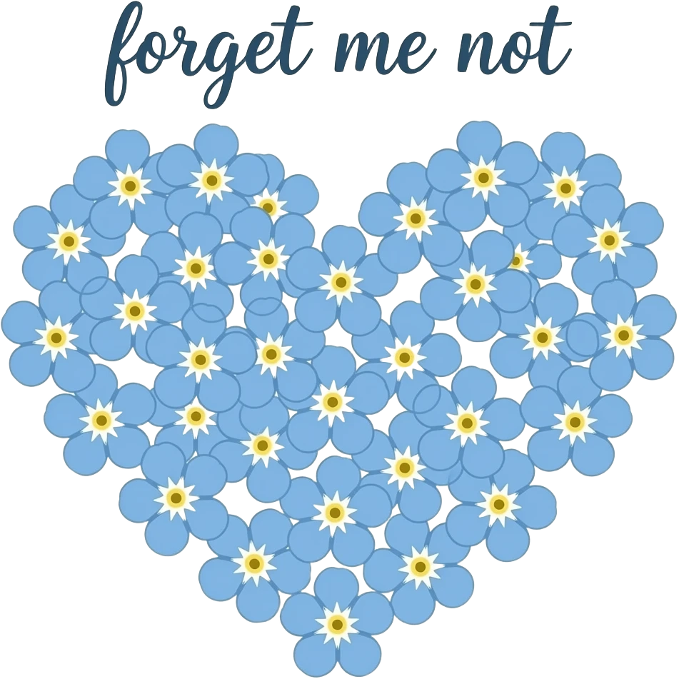 “Kawaii forget-me-not flowers forming a heart shape, pastel blue petals with yellow centers, soft cute aesthetic, minimal vector sticker style, white background, elegant ‘forget me not’ text above.” emoji