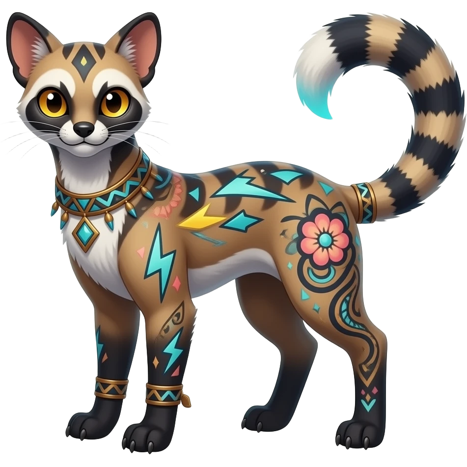 scaly spunky Realistic tall slim unique original shiny edgy cool Civet-Absol-Sprigatito-Vaporeon-Fakémon-hybrid with tribal chevron heart floral lightning bolt strikes damask paisley markings emoji