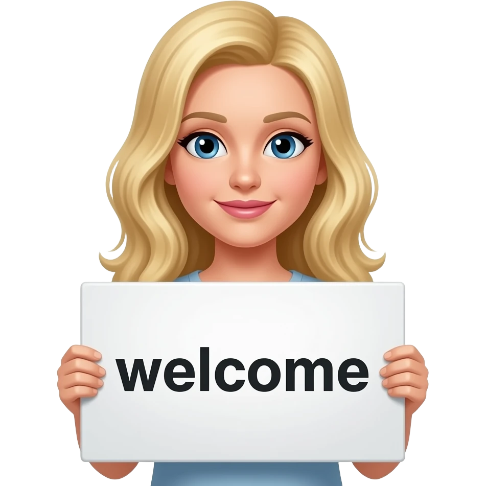Make a picture of a blonde domme holding a sign "welcome" emoji