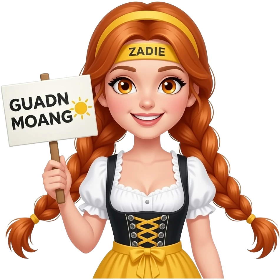 sexy girl with overlong ginger braids and ginger eyes wearing a yellow dirndl and a yellow headband with ZADIE written on it, is holding a sign with GUADN MOANG 🌞 written on it emoji