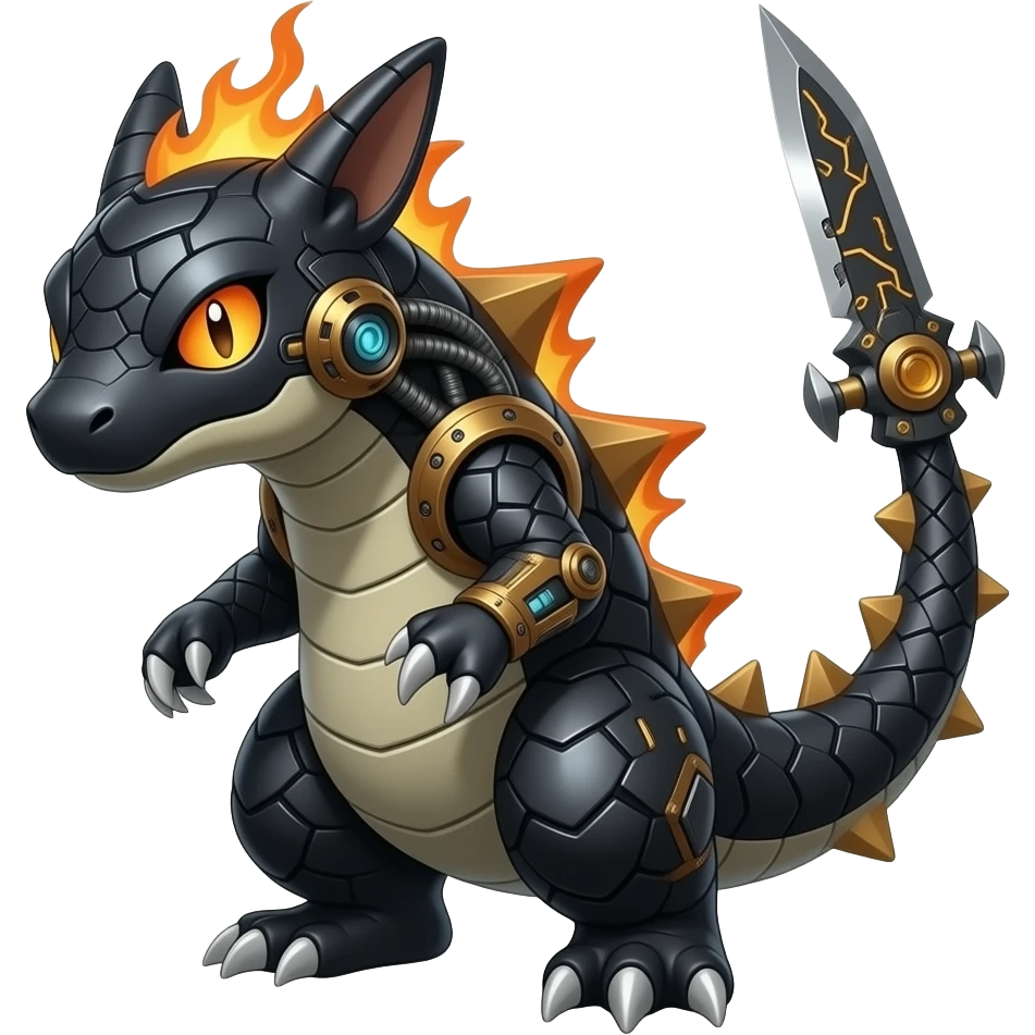 Cool edgy fiery electrical scaly cybernetic cyclop-visor-eyes, Circuitry-patterned black-scaled digitigrade futuristic fantasy-Cyberpunk-Steampunk-Solarpunk-Sharpedo-Garchomp-Genesect-Cyclizar-Salandit-Protogen-Fakémon-hybrid, tail blade, back spikes emoji