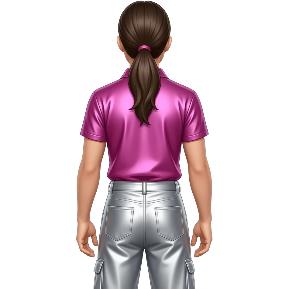 Chris Pontius from behind with long dark brown low ponytail hair, hot pink metallic shirt, silver metallic baggy pants emoji
