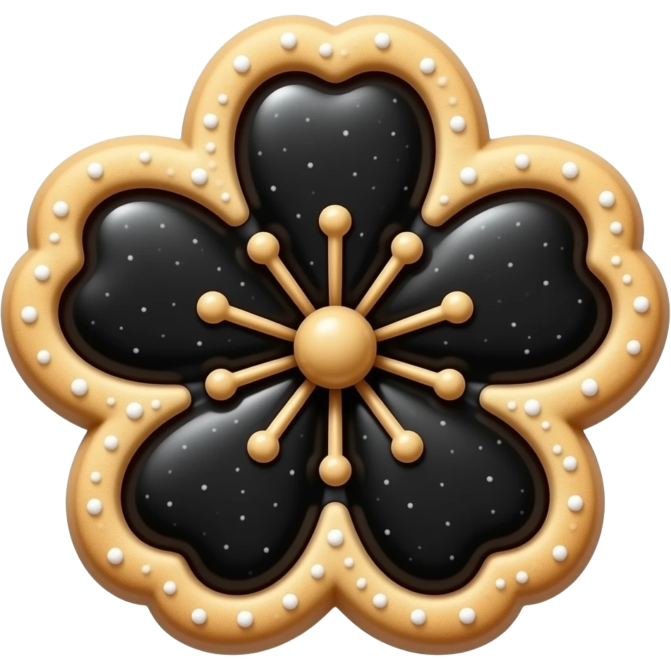 Realistic shortbread cookie in the shape of a black cherry blossom with pale black color jelly middle filling and sprinkled powder sugar on top emoji