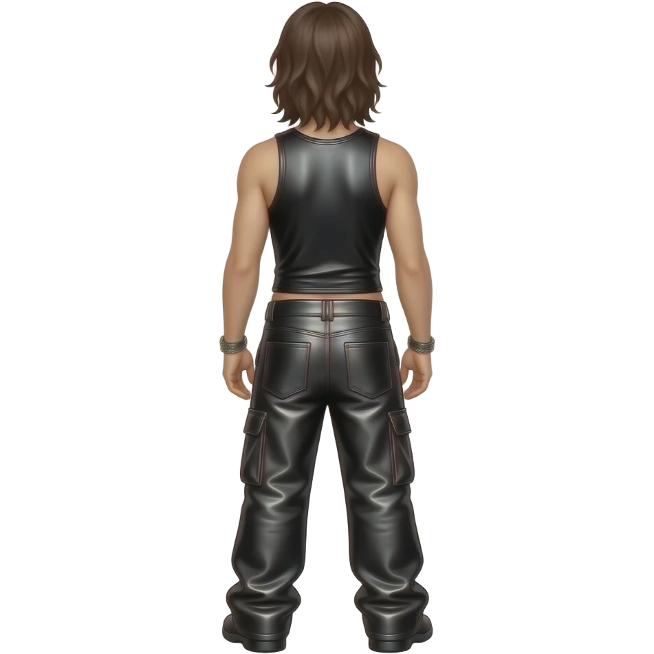 Tom Kaulitz from behind with long dark brown hair, black metallic tank top, black metallic baggy pants emoji