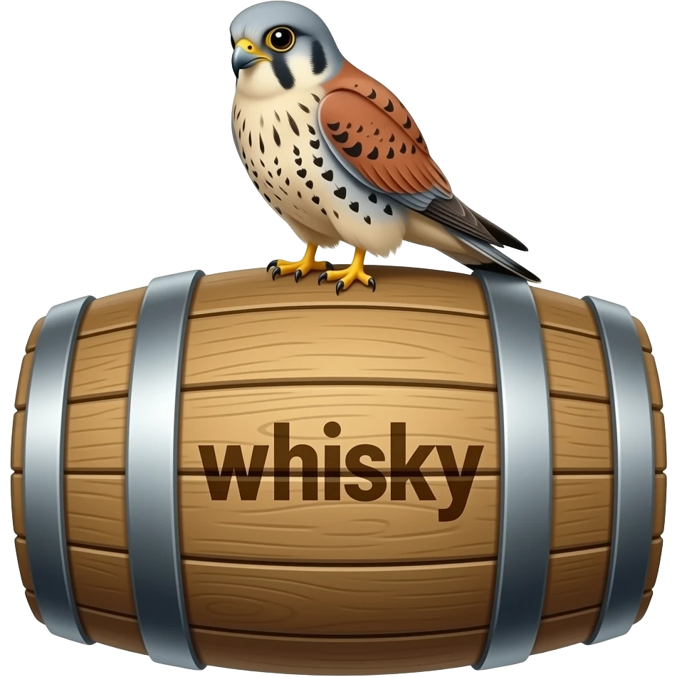 kestral sitting on whisky barrel clearly marked "whisky" in stencil font emoji