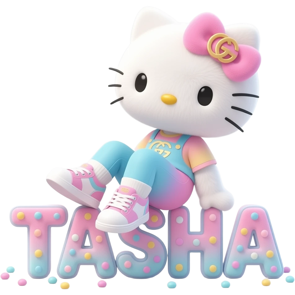 4D Velvety fur hello kitty wearing ombre white and blue and pink ombre pastel colored leggings and sneakers, and with the Gucci symbol on her ombre pastel bow sitting sideways leaning back on top of the velvety 3D outlined letters TASHA surrounded with tiny ombre pastel dots made of candy emoji