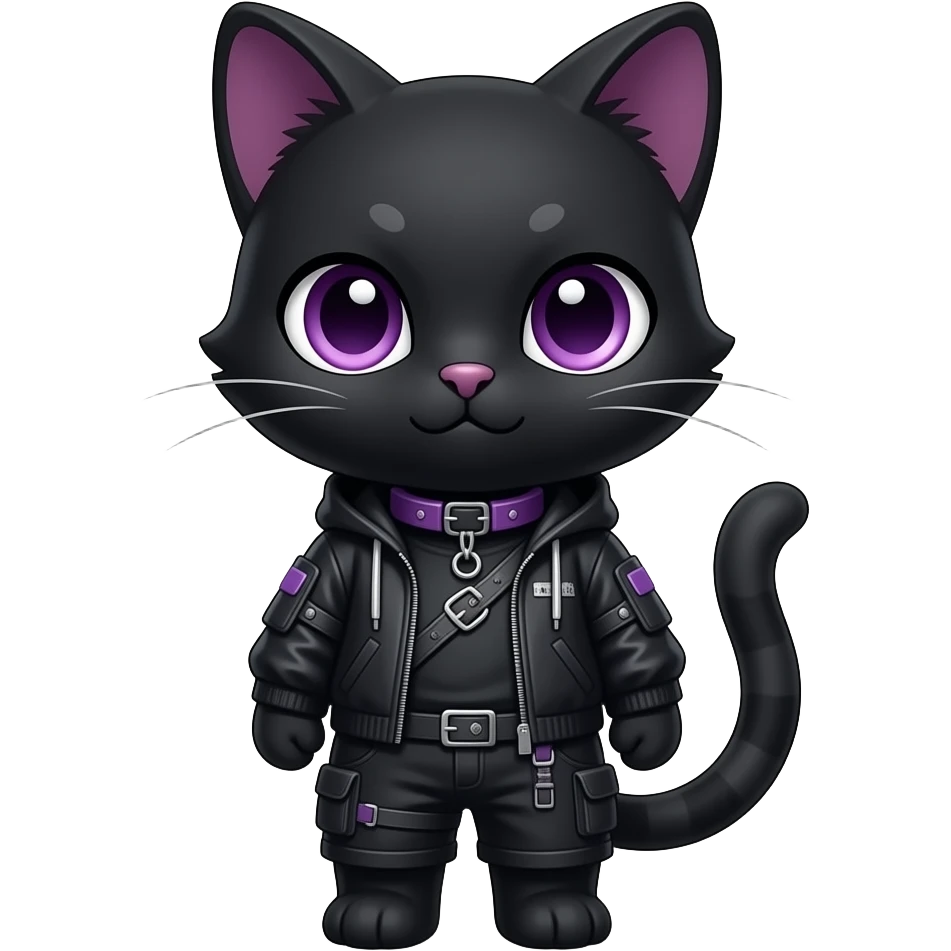 Gorgeous furry gothic dark techwear anime style anthro black cat furry sona Fakemon with blushing face aesthetic and pretty edgy black with violet collar and harness trending style emoji