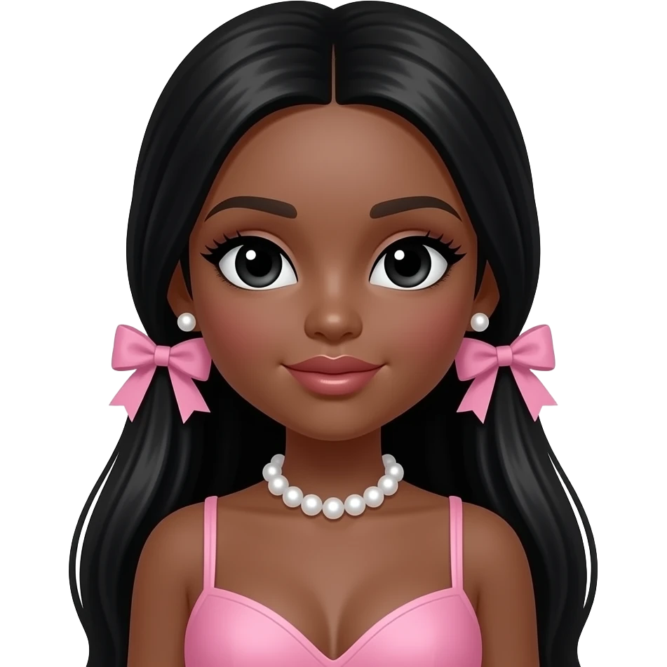 Pearl choker, Pearl earrings studs, doll eyes, Doll, big chest, dark brown skin, with middle part long black hair, black cute eyes, pink bows with cute lip, without no bra emoji