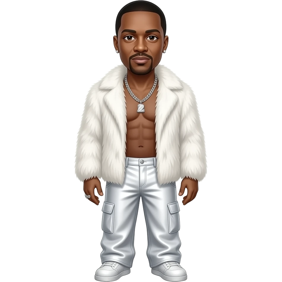 P. Diddy with dark brown eyes, black buzz cut hair, white fur shawl, white metallic baggy pants, shirtless with necklace and earrings emoji