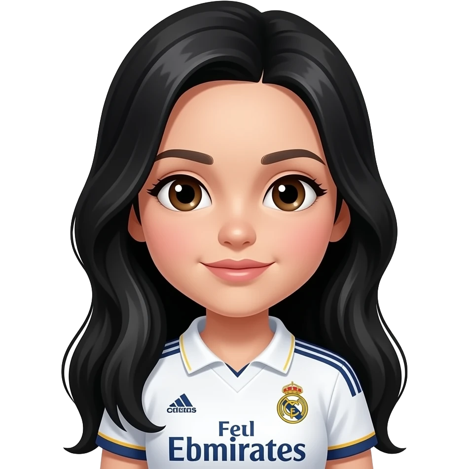 إنشاء بنت لون ابيض لابسه ريال مدريد عيون بني شعر اسود طويل تكون تفاصيلها حلوه emoji