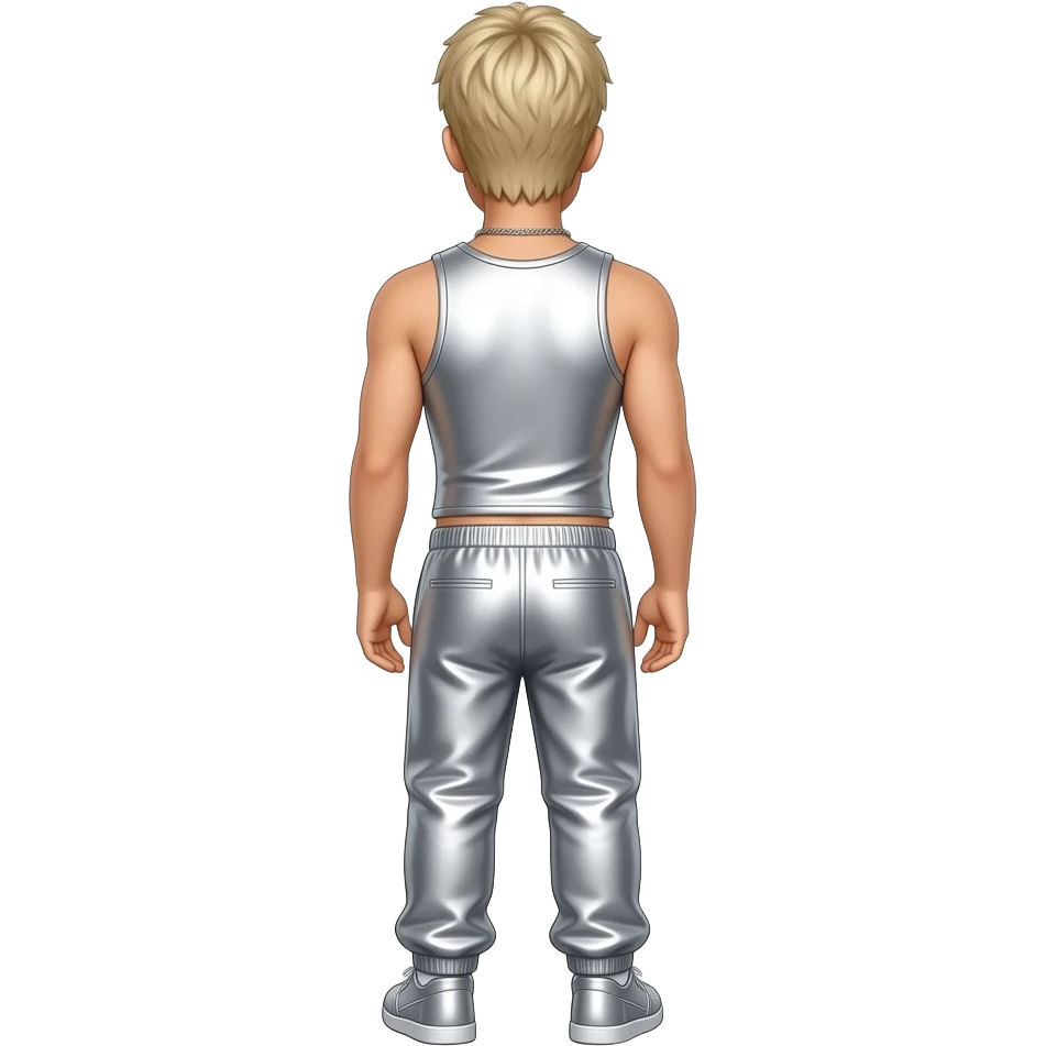 Aaron Carter from behind with blonde hair, silver metallic tank top, silver metallic saggy joggers, necklace emoji