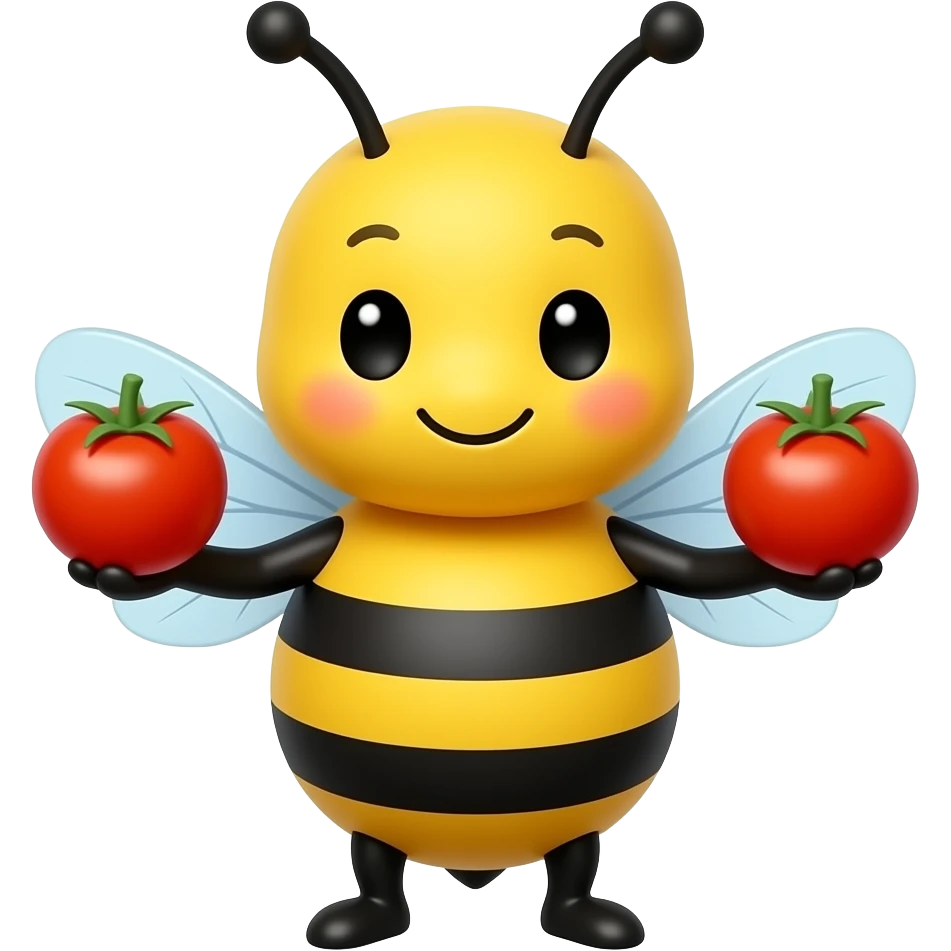 A cute bumblebee holding a cherry tomato in each hand emoji