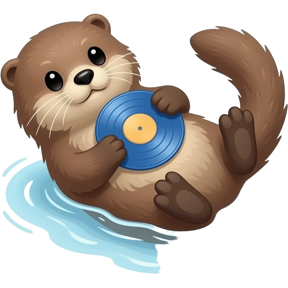 a cute fluffy otter floating in water on back holding a blue music vinyl emoji