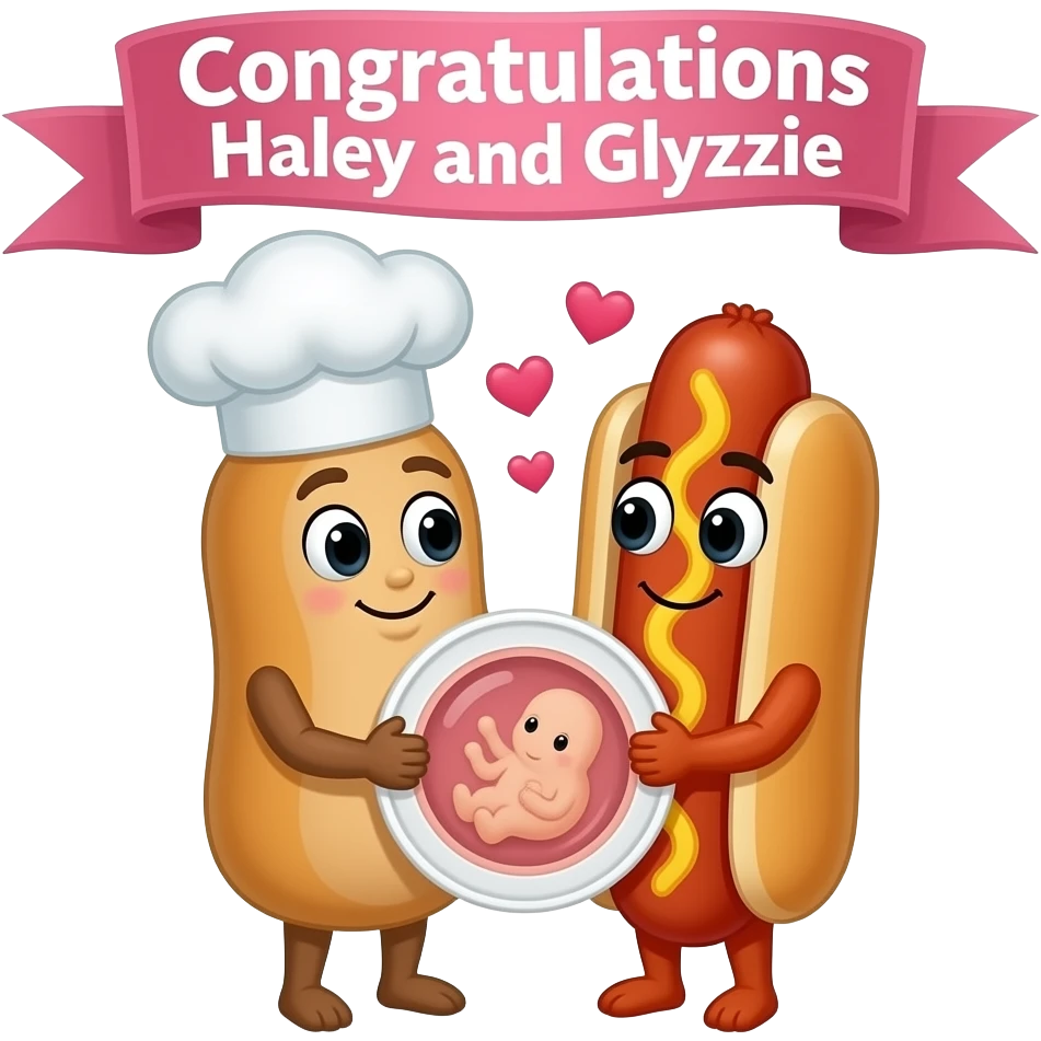 An anthropomorphic chef's hat, and an anthropomorphic hot dog, in love, holding a sonogram, underneath a banner that says "Congratulations Haley and Glyzzie" emoji