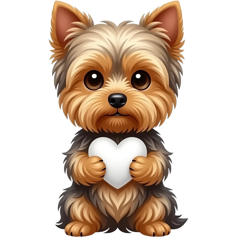 The Yorkshire Terrier holds a white heart in its paws emoji
