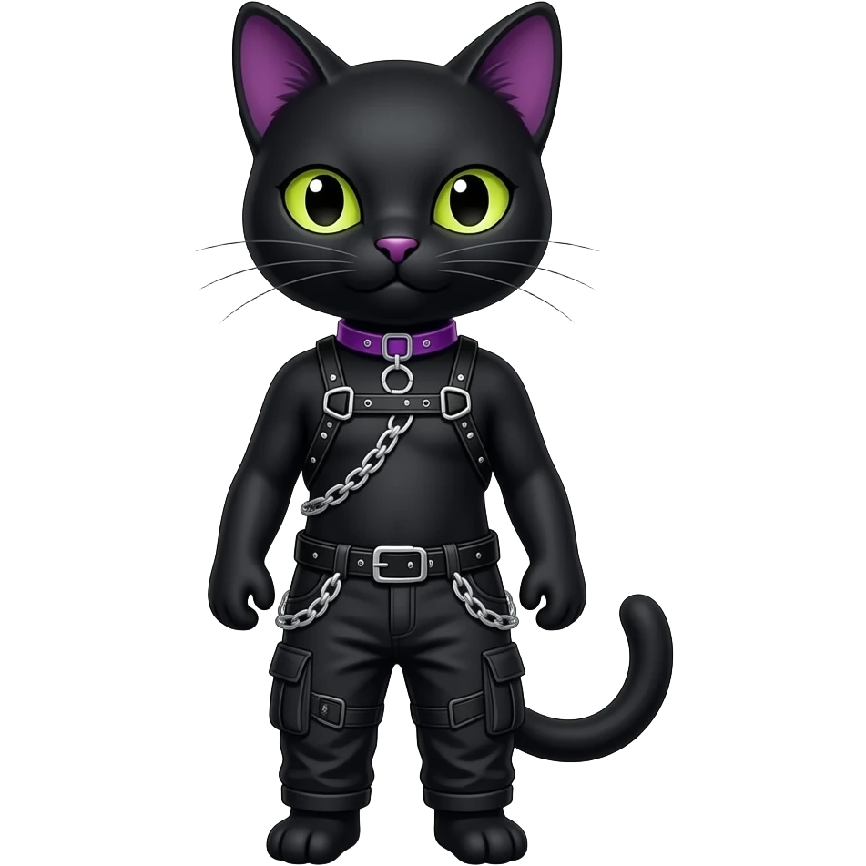 Gorgeous furry gothic dark techwear anime style anthro black cat furry sona Fakemon with blushing face aesthetic and pretty edgy black with violet collar and harness trending style chains cargo pants emoji