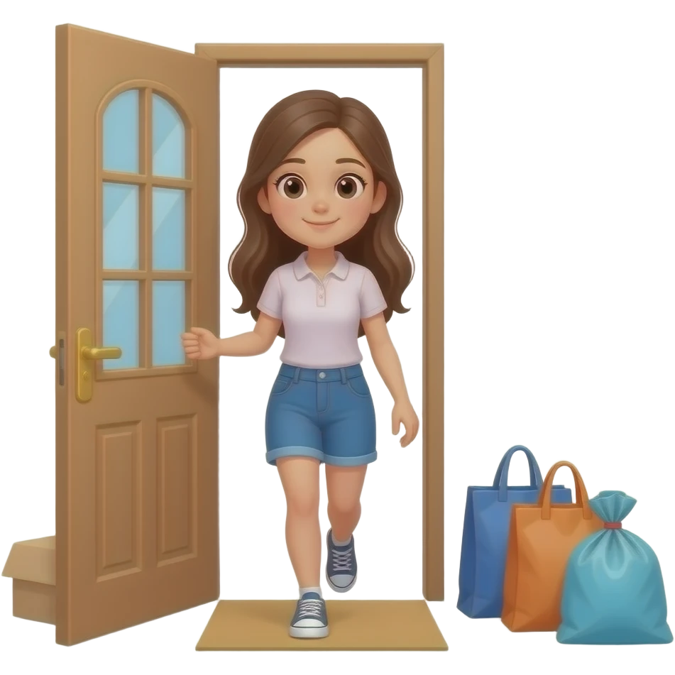 teen girl long hair, steeping into house  include backgroundwith packign bags straight face expression emoji