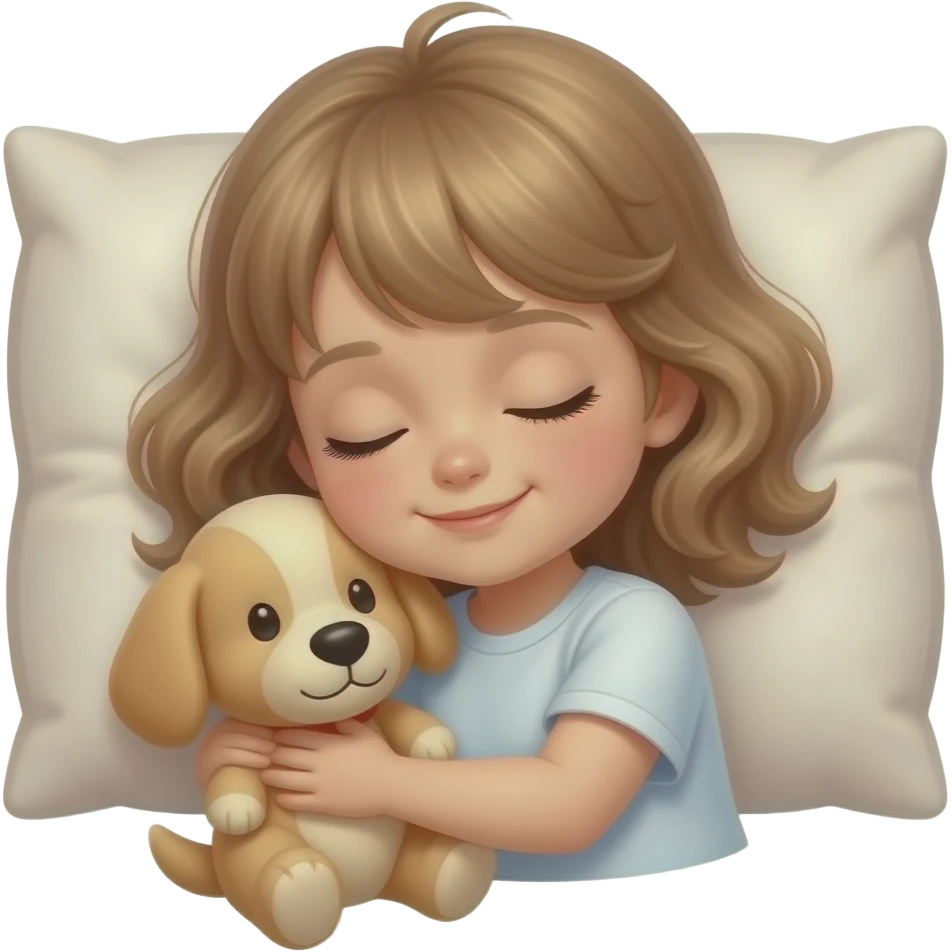 white kid  mid length hair to shoulders with bangs soft curly hair to shoulders in color: middle to little darker blond. sleeping on a pillow with a soft smile and hugging a light brown stuffed dog emoji