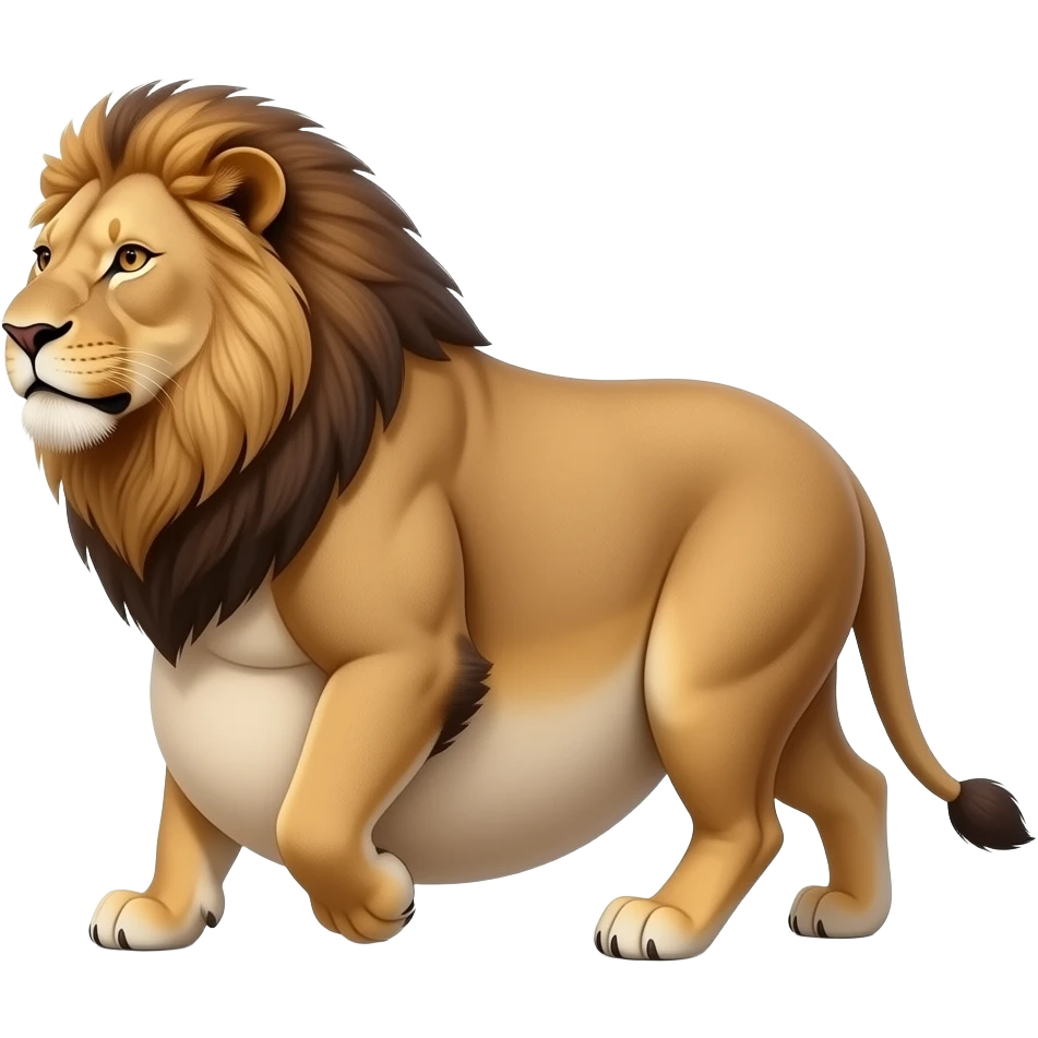 A reality lioness,trying to walk normally,but her huge overstuffed tummy rolls side to side,the lioness ate way too much,she became so fat,she has the biggest pot belly. emoji